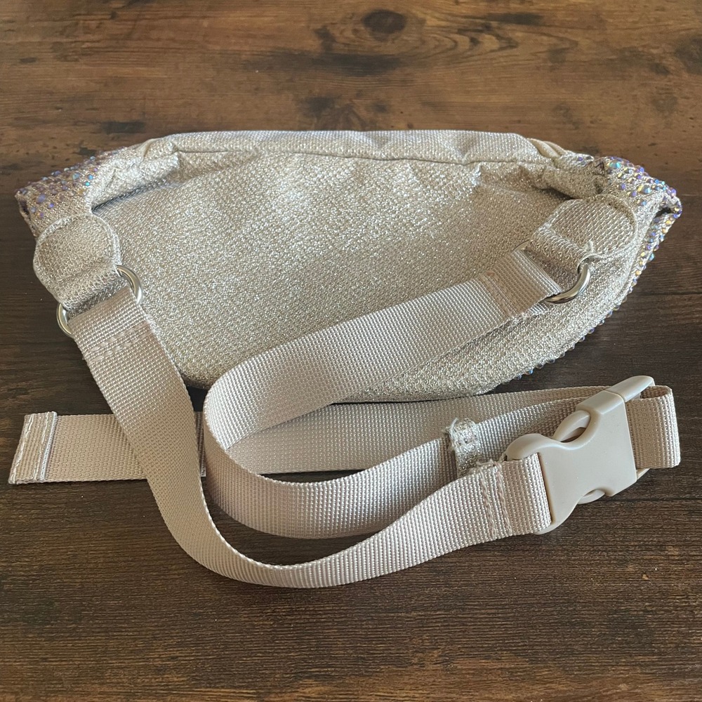 Champagne Gold Iridescent Rhinestone Fanny Pack Festival Waist Bag Sparkly Beige - Picture 2 of 6